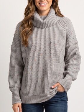 Free People Oversized Light Gray Speckle Ribbed Turtleneck Sweater